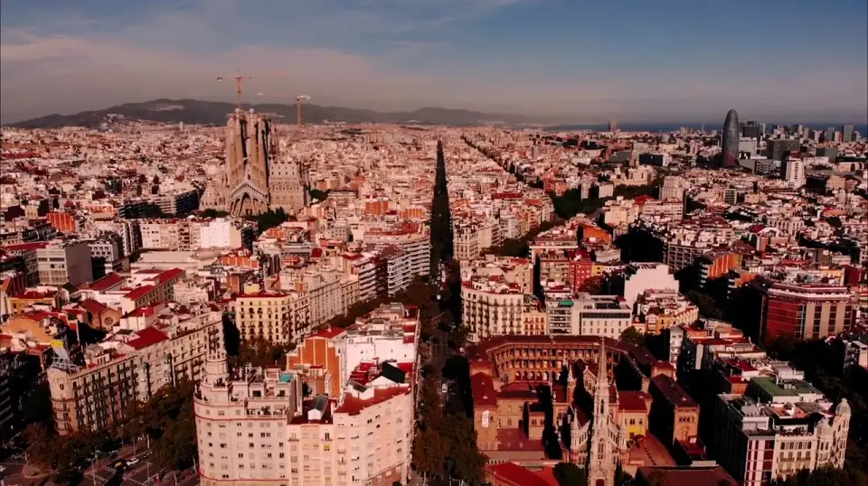 Barcelona from the air, the Eixample grid and the Sagrada Família