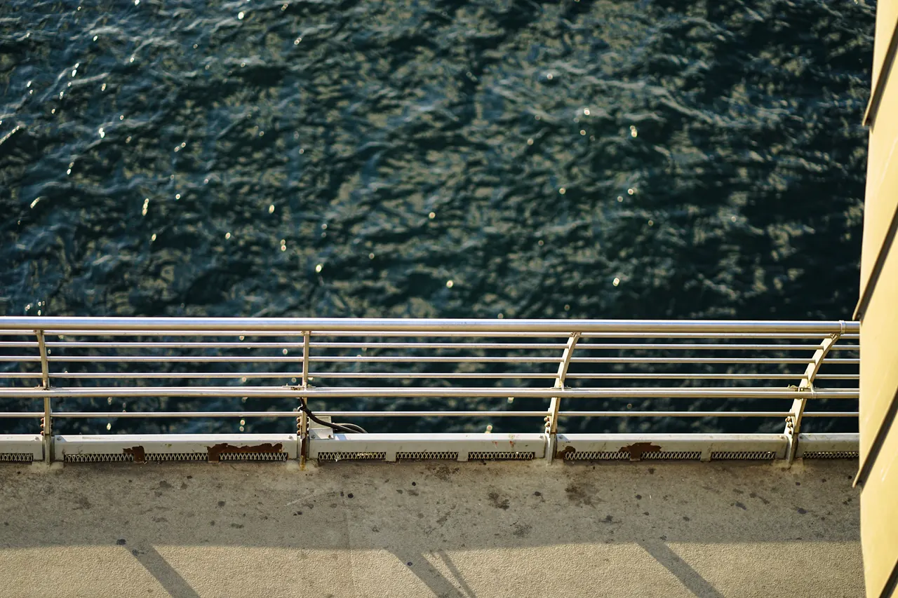 Perspective from a ship’s deck, showcasing the ocean and metal railing in soft daylight.