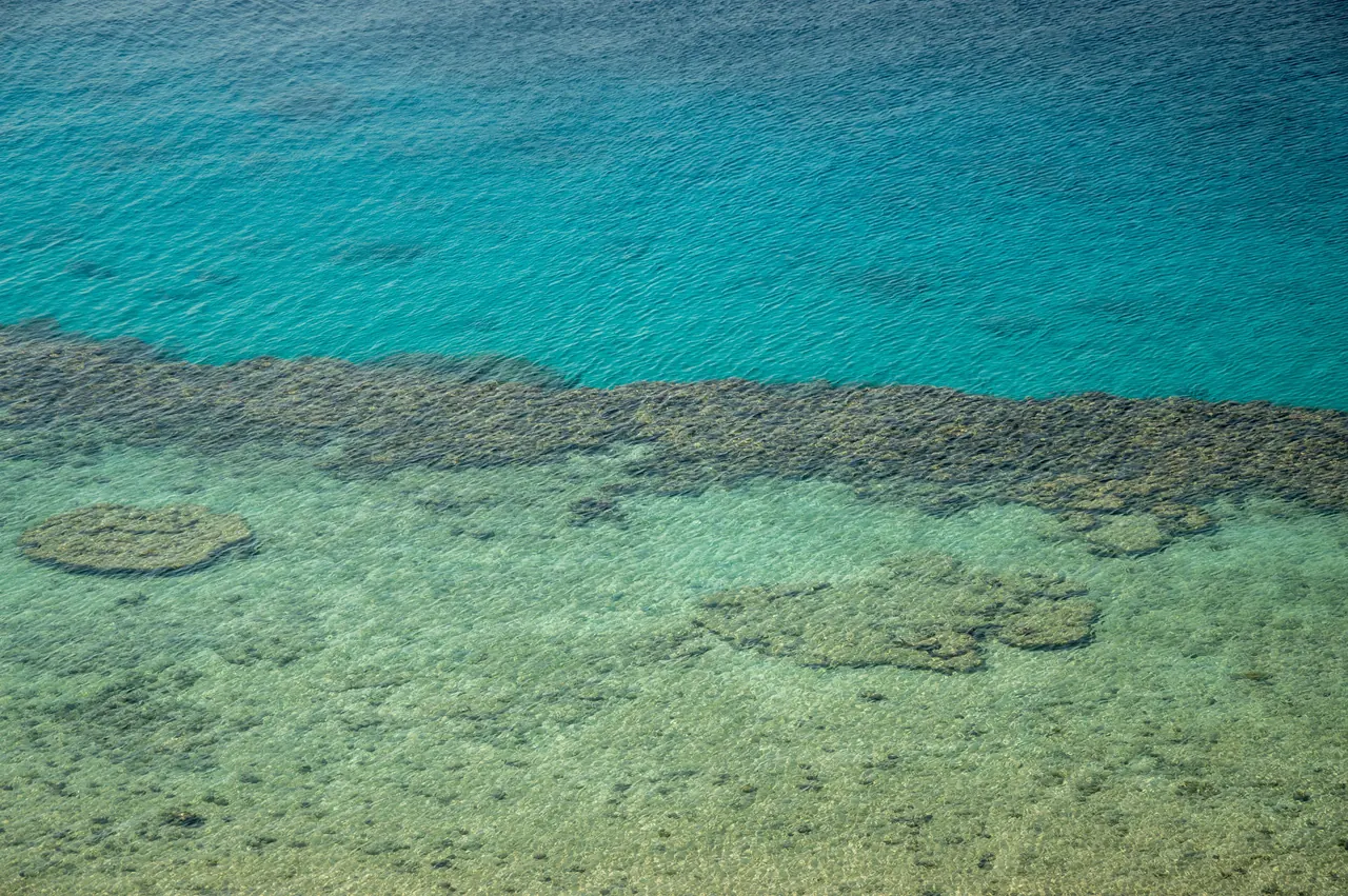 Aerial view of clear turquoise sea water meeting rocky coastline, perfect for summer travel.