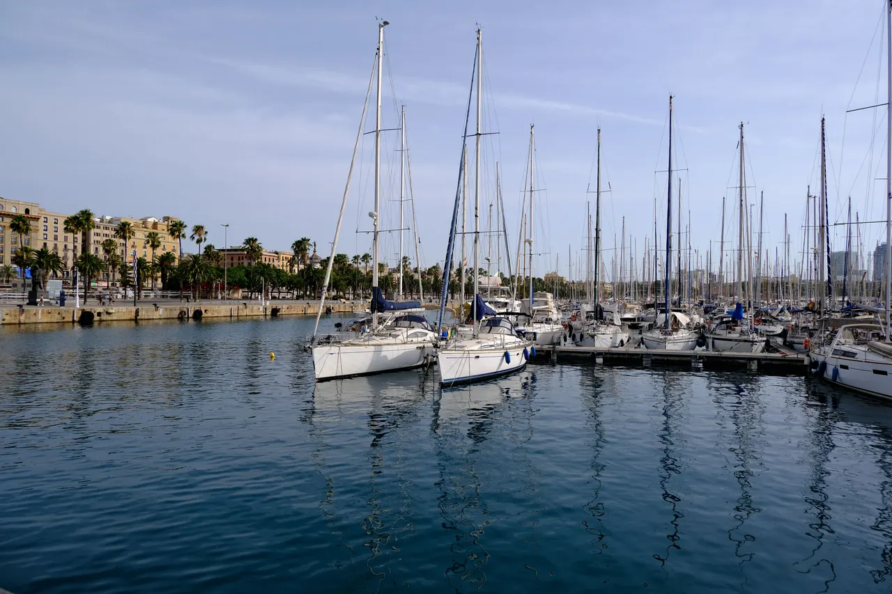 Scenic view of sailboats docked in a vibrant Barcelona marina on a clear day.