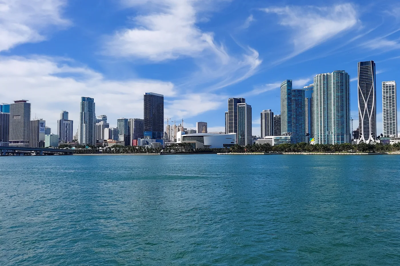 The downtown Miami skyline seen across Biscayne Bay from the harbor