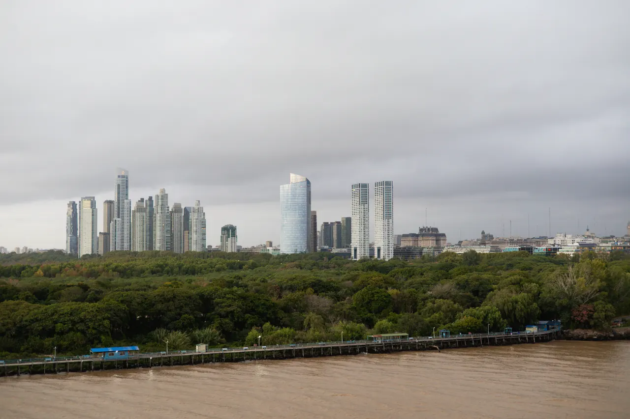 Aerial view of Buenos Aires skyline with skyscrapers and lush green forest.