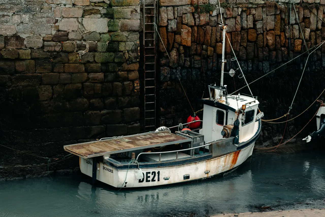 Fishing boat docked at a stone quay in Dundee, Scotland, showcasing marine life and coastal charm.