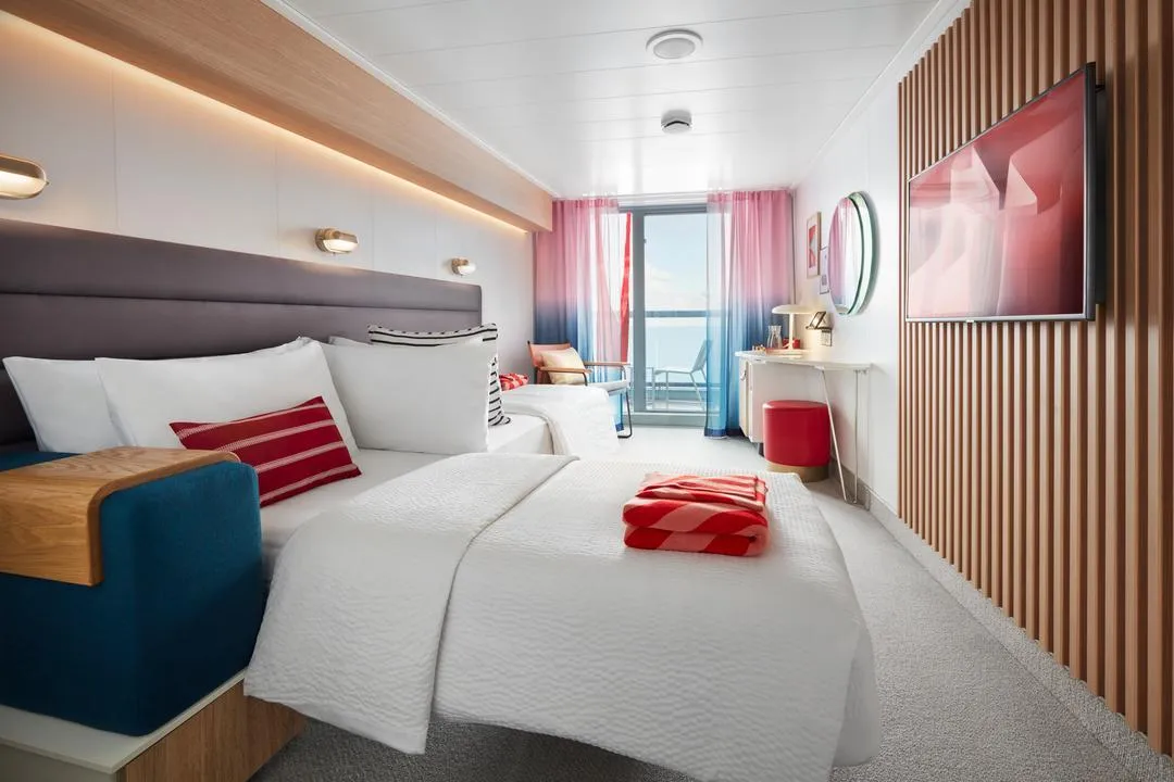 Virgin Voyages Sea Terrace cabin double bed configuration — the primary MNVV-eligible cabin category for Sailor Loot stacking