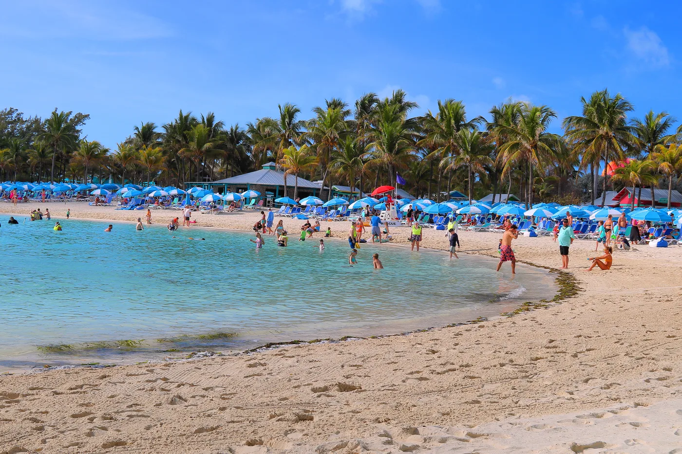 Chill Island at Perfect Day at CocoCay — rows of blue loungers and umbrellas along a white-sand beach with a cruise ship at the pier behind