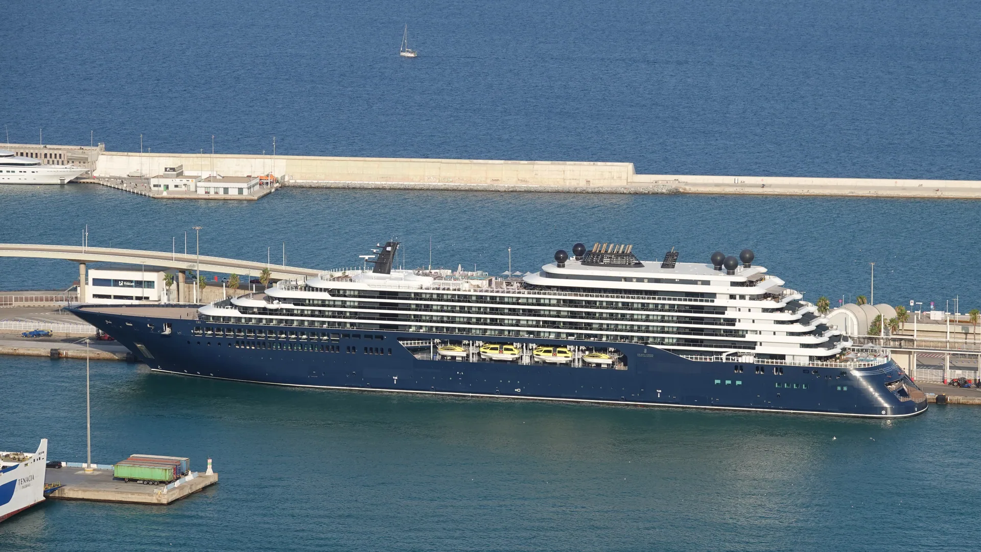 Ilma, one of the three Ritz-Carlton Yacht Collection yachts, alongside in the Port of Barcelona