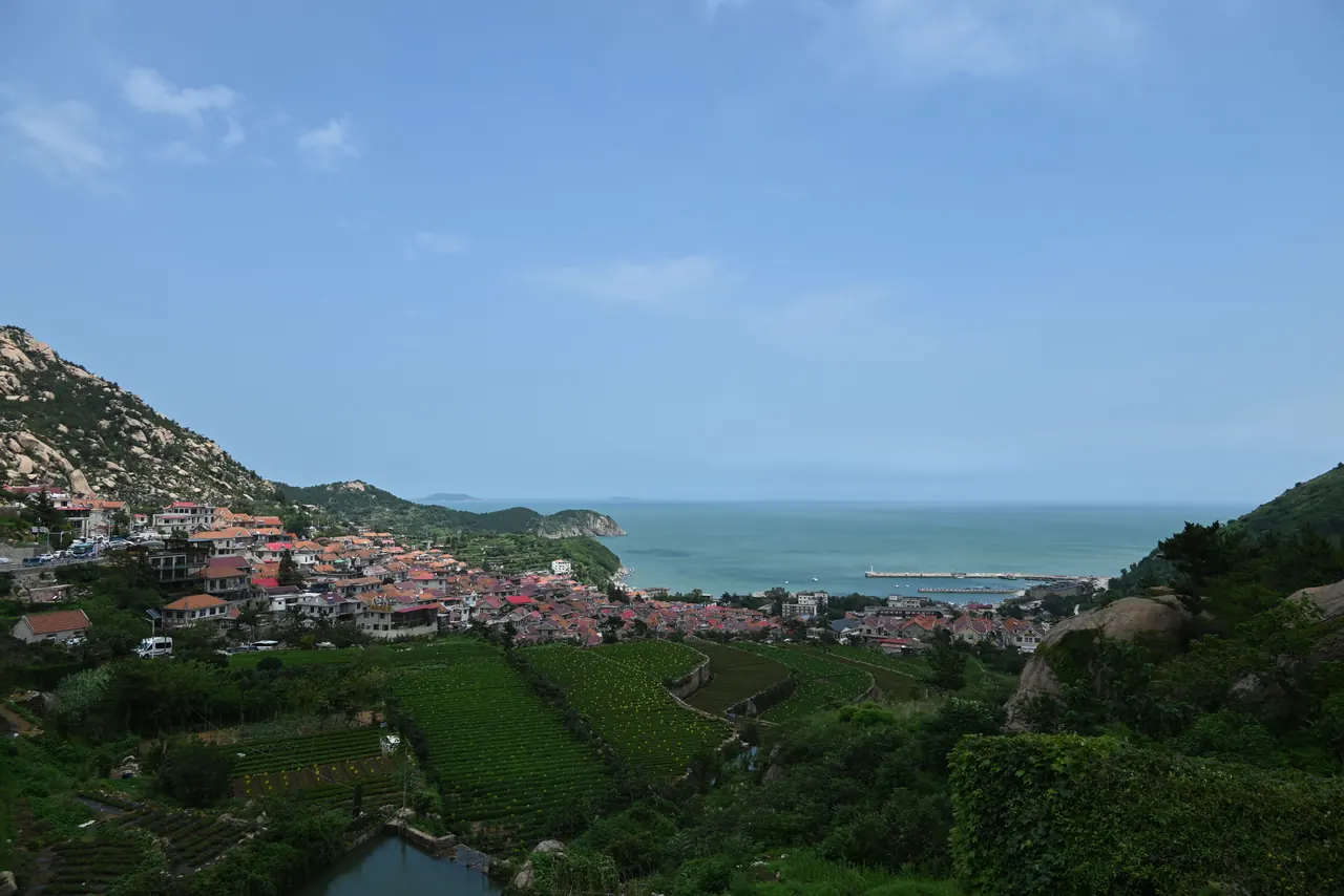 Picturesque view of a seaside town surrounded by lush landscapes and the ocean horizon.
