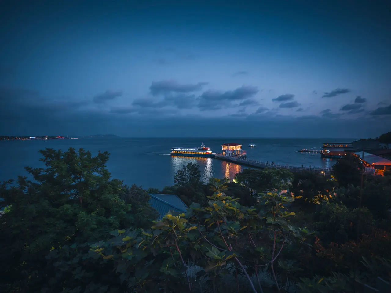 Stunning twilight view of Istanbul’s scenic seaside, with illuminated piers and calm waters.