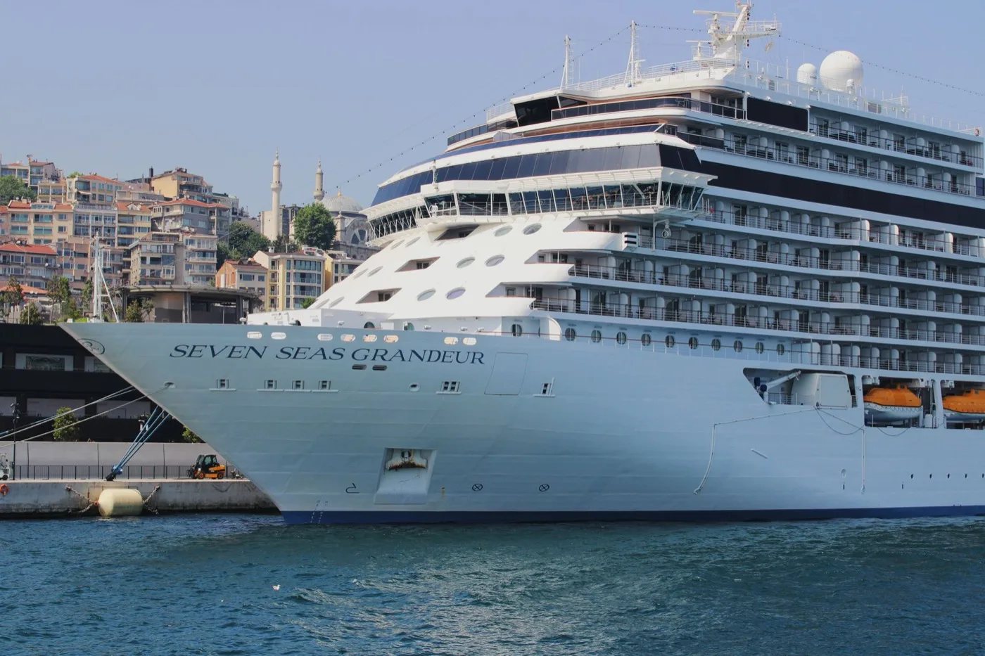 A cruise ship moored in a harbor at dusk with a city skyline behind