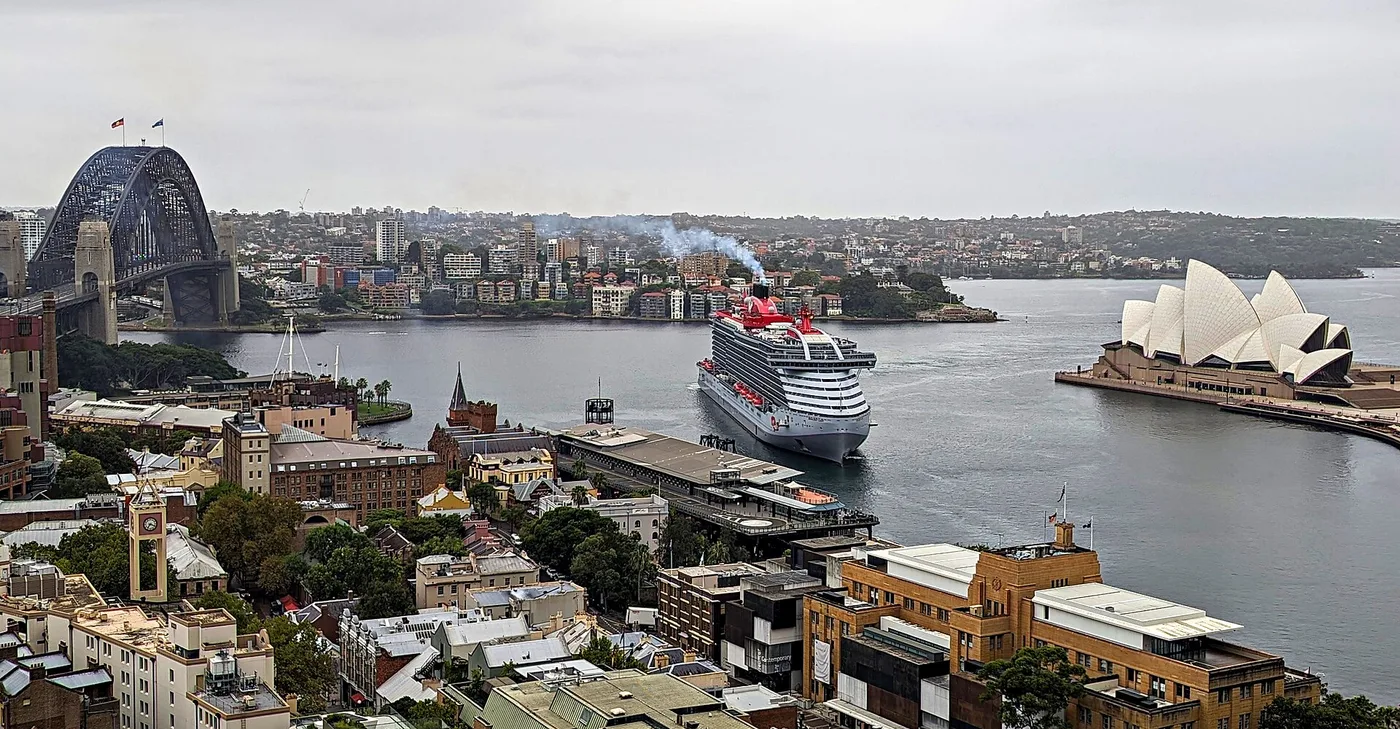 Virgin Voyages' Resilient Lady arriving in Sydney Harbour past the Opera House