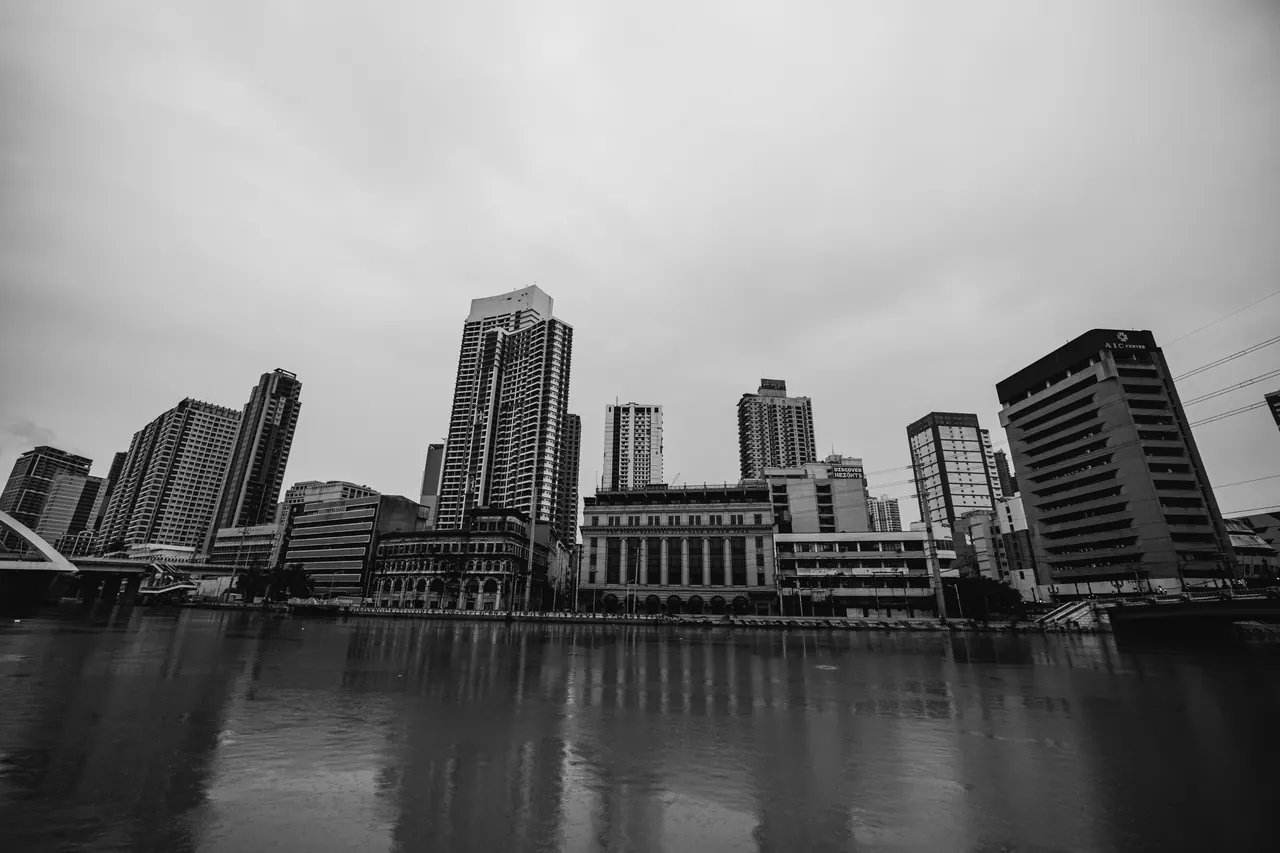Majestic city skyline reflected on calm water in black and white tones.