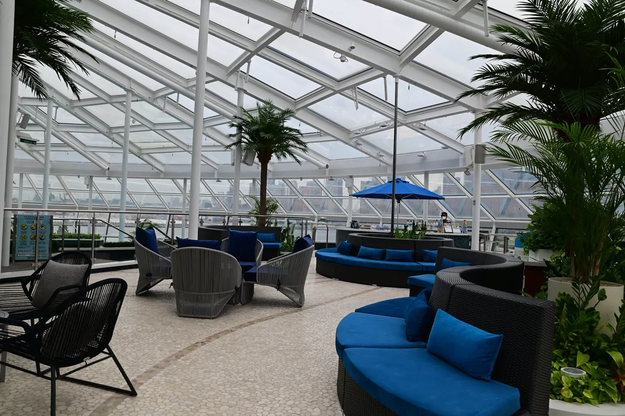 A spacious cruise ship lounge with soft seating and tall palms beneath a curved glass roof