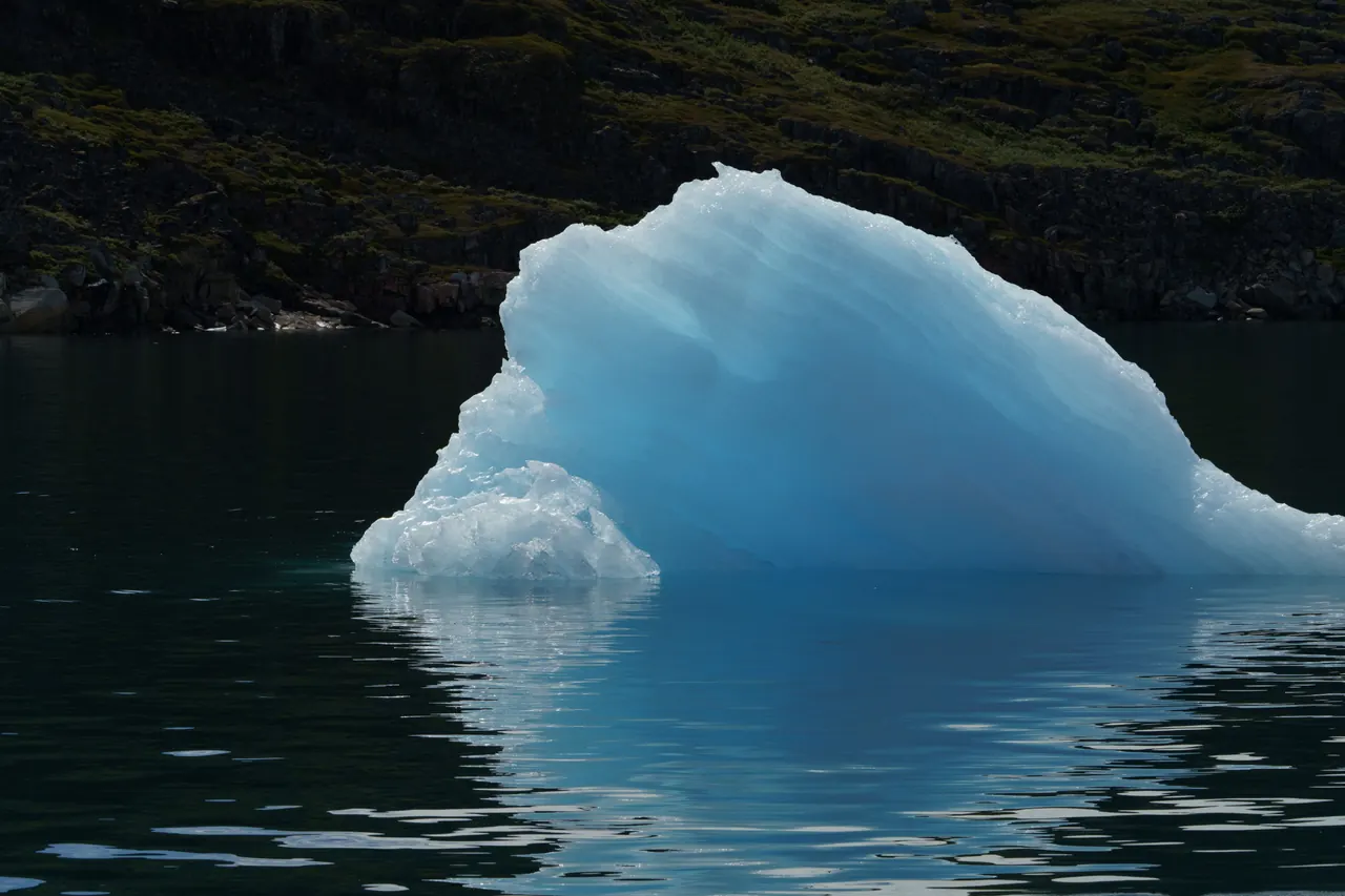 Serene view of an iceberg reflecting in calm fjord waters, signifying arctic beauty.