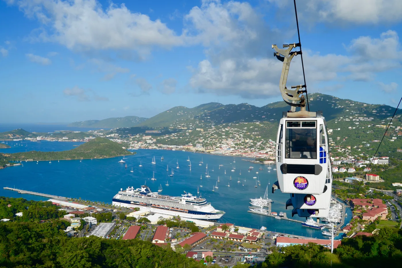 Charlotte Amalie harbor on St. Thomas seen from Paradise Point, with cruise ships at anchor